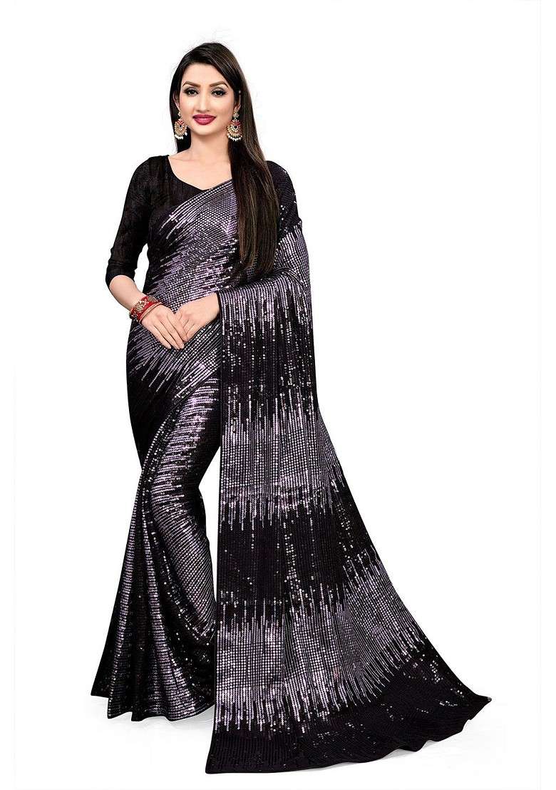 Purple Embellished Blended Saree Set - Indya