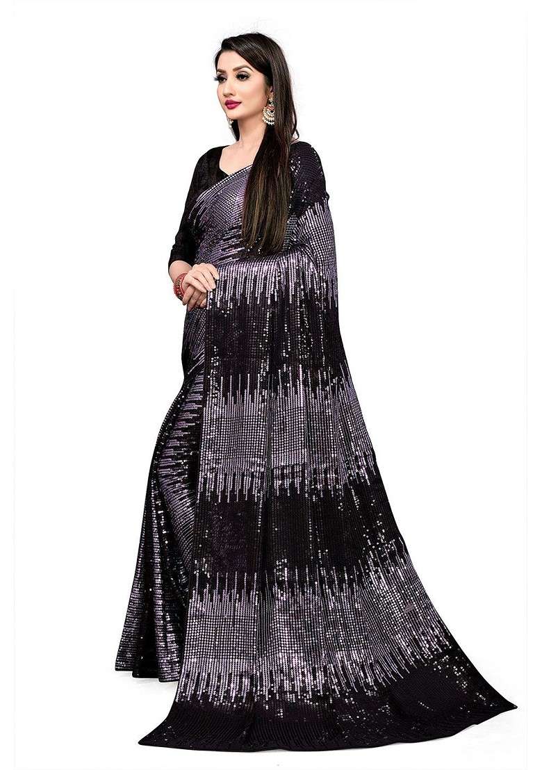 Purple Embellished Blended Saree Set - Indya