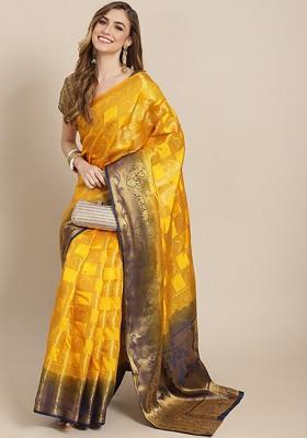 Yellow Embroidered Blended Saree Set