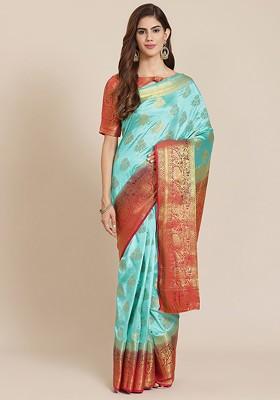 Turquoise Blue Embroidered Blended Saree Set