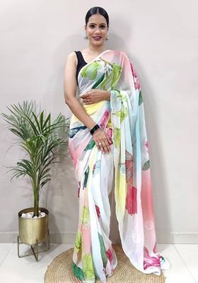 White Printed Blended Saree Set