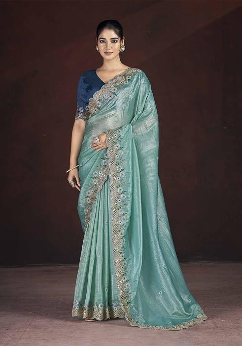 Teal Embellished Blended Saree Set — view on Indya