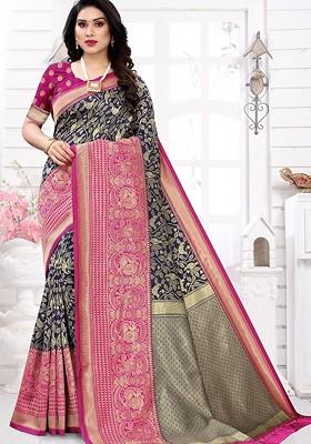 Navy Blue Jacquard Blended Saree Set