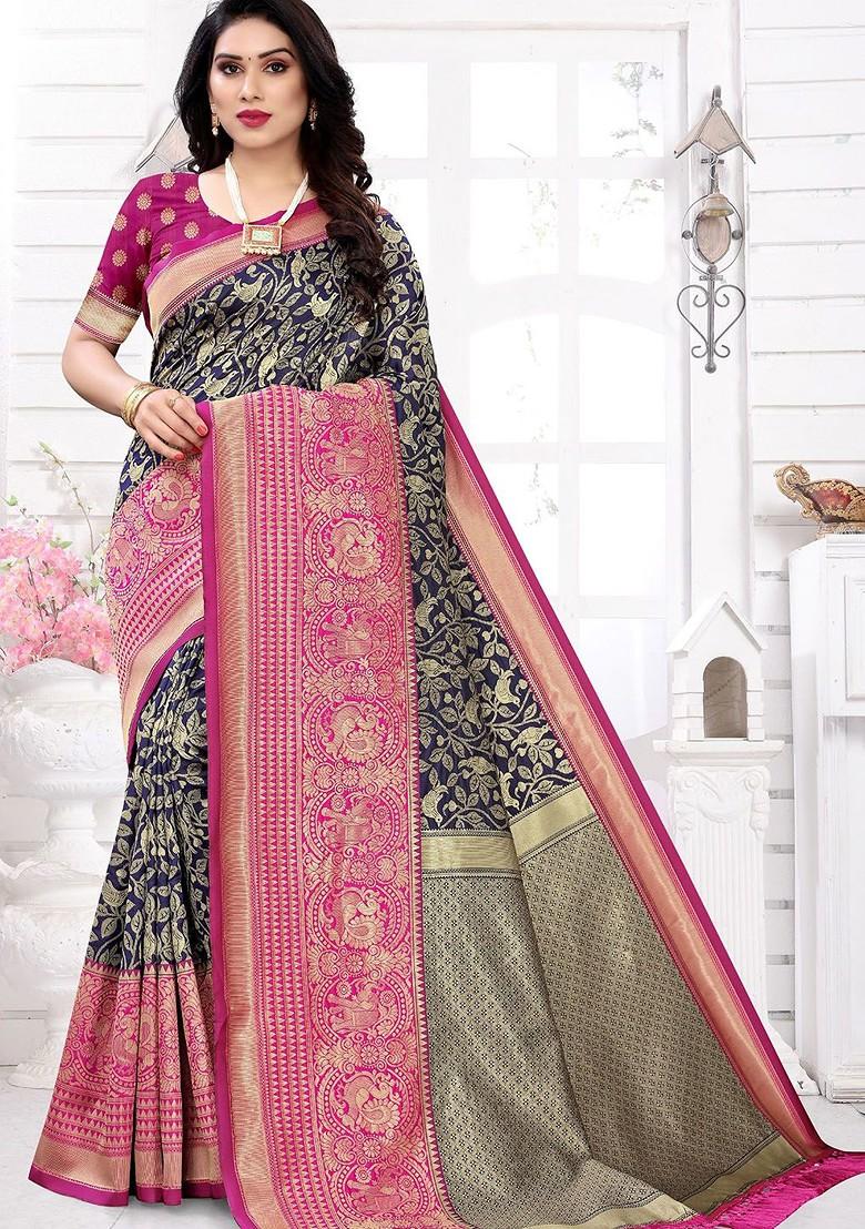 Navy Blue Jacquard Blended Saree Set - Indya