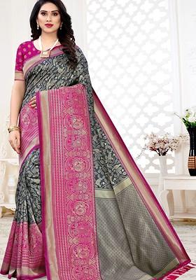 Grey Embroidered Blended Saree Set
