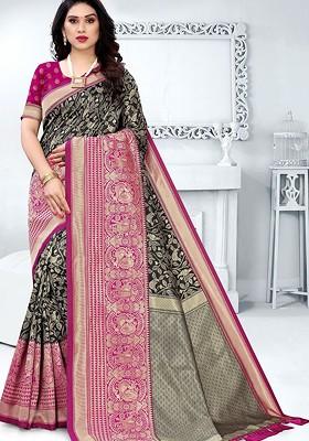 Black Embroidered Blended Saree Set