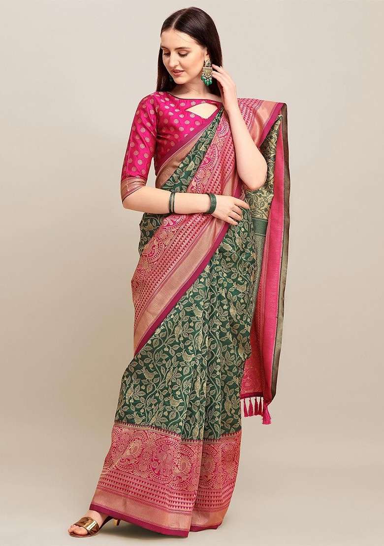 Green Printed Blended Saree Set for Diwali and Festive Wear - Indya