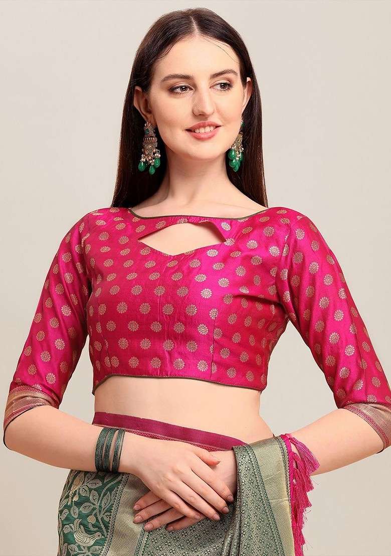 Green Printed Blended Saree Set for Diwali and Festive Wear - Indya