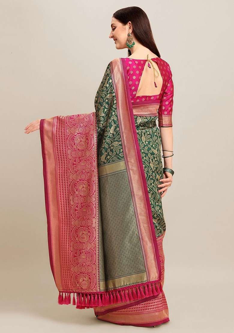 Green Printed Blended Saree Set for Diwali and Festive Wear - Indya