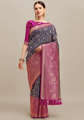 Navy Blue Embroidered Blended Saree Set