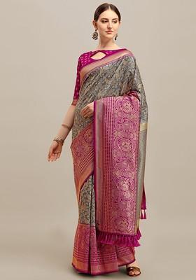 Grey Printed Blended Saree Set