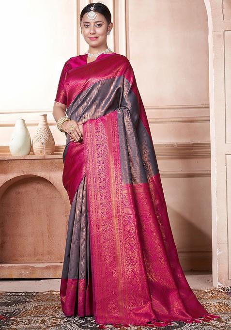 Grey Embroidered Blended Saree Set