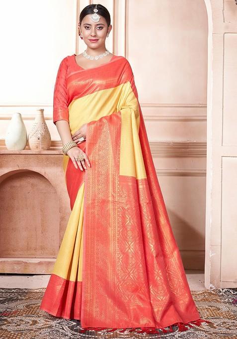 Yellow Embroidered Blended Saree Set