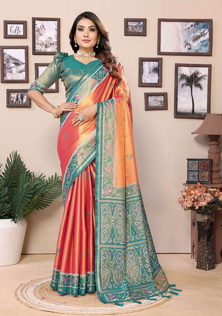 Orange Embroidered Blended Saree Set - Indya