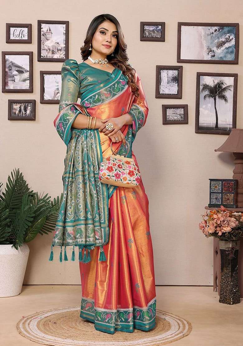 Orange Embroidered Blended Saree Set - Indya