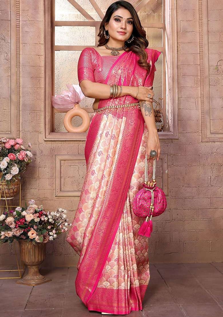 Pink Embroidered Blended Saree Set for Diwali and Festive Wear - Indya