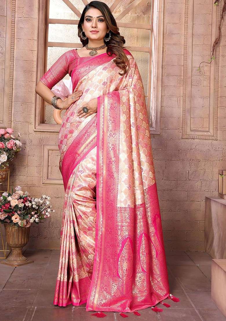 Pink Embroidered Blended Saree Set for Diwali and Festive Wear - Indya