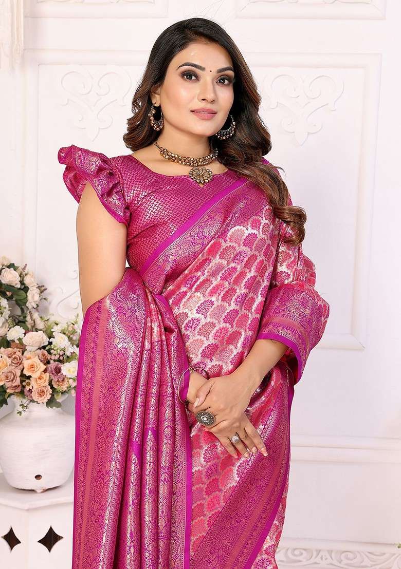 Pink Blended Jacquard Saree Set for Diwali | Wedding & Festive Wear - Indya