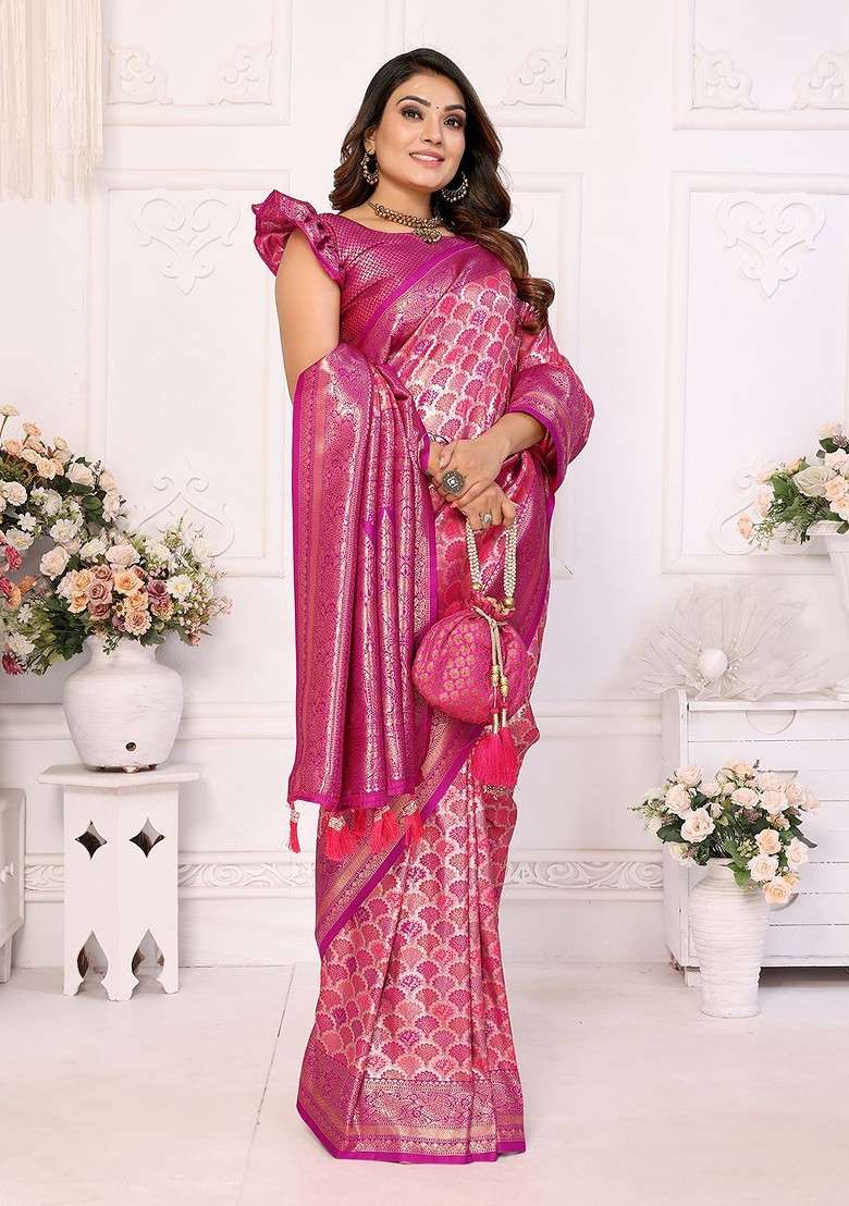 Pink Blended Jacquard Saree Set for Diwali | Wedding & Festive Wear - Indya