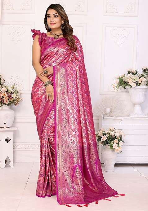 Pink Blended Jacquard Saree Set for Diwali | Wedding & Festive Wear
