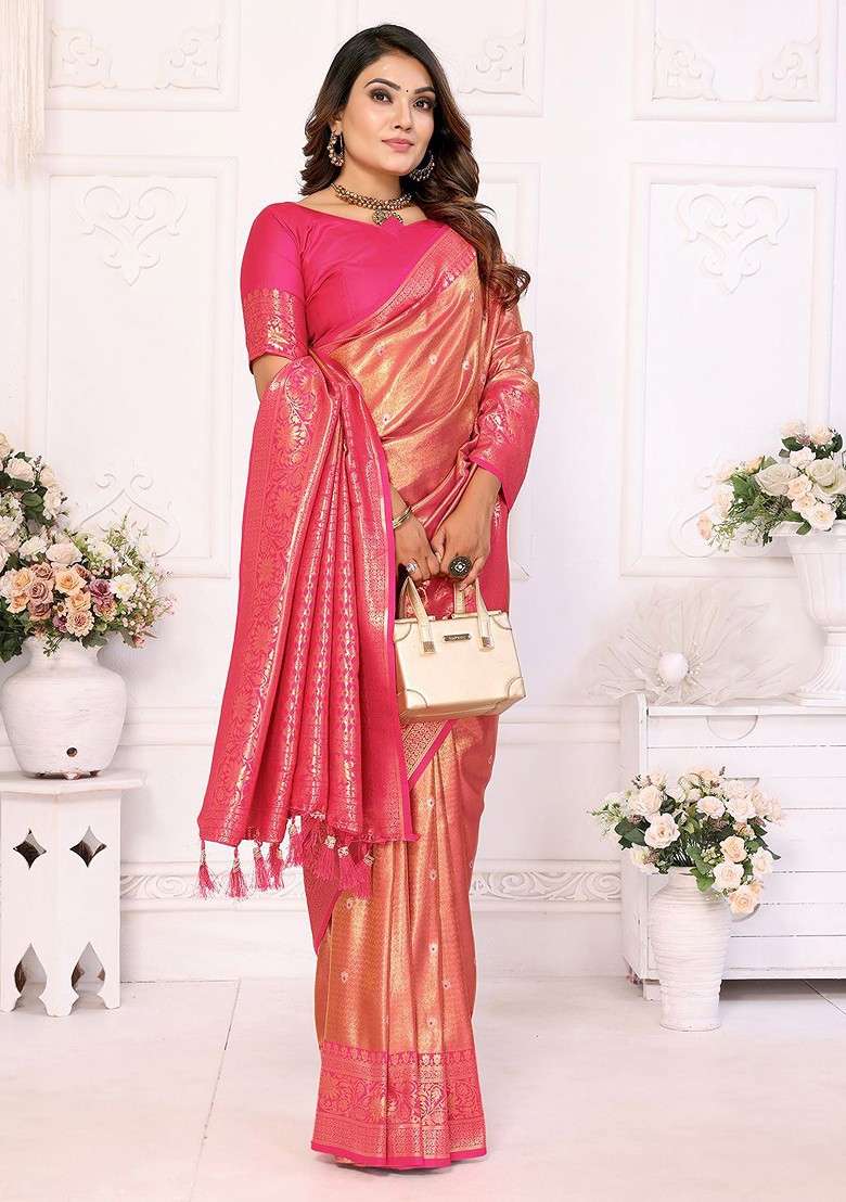 Pink Embellished Blended Saree Set for Diwali and Festive Wear - Indya