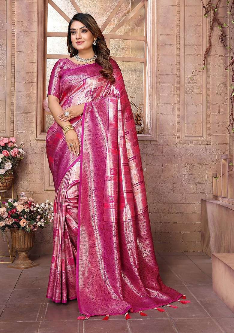Pink Blended Saree Set with Embroidered for Diwali | Wedding & Festive Wear - Indya
