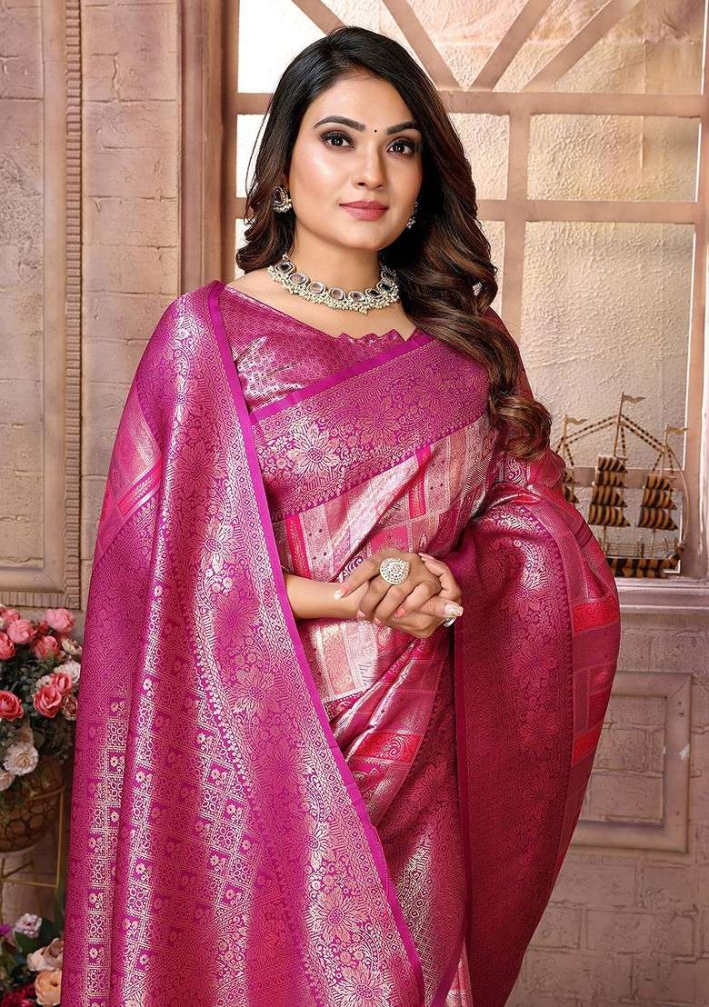 Pink Blended Saree Set with Embroidered for Diwali | Wedding & Festive Wear - Indya