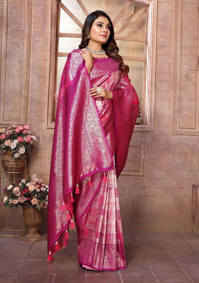 Pink Blended Saree Set with Embroidered for Diwali | Wedding & Festive Wear - Indya