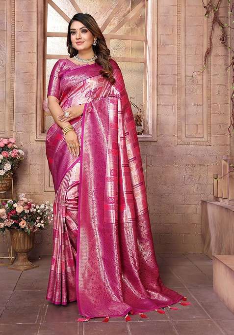 Pink Blended Saree Set with Embroidered for Diwali | Wedding & Festive Wear