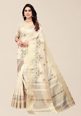 Cream Printed Blended Saree Set