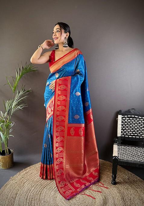 Blue Jacquard Blended Saree Set — view on Indya