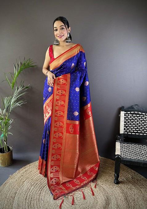 Blue Jacquard Blended Saree Set — view on Indya