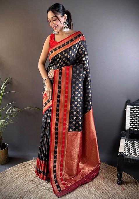 Black Jacquard Blended Saree Set — view on Indya