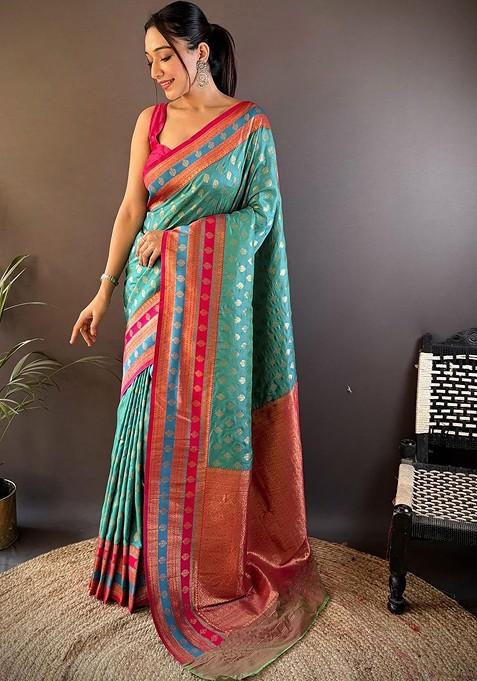 Blue Jacquard Blended Saree Set — view on Indya