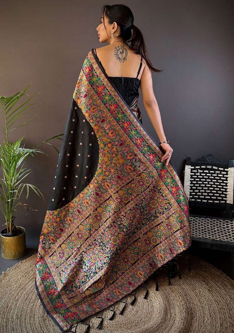 Black Embroidered Blended Saree Set for Diwali and Festive Wear - Indya