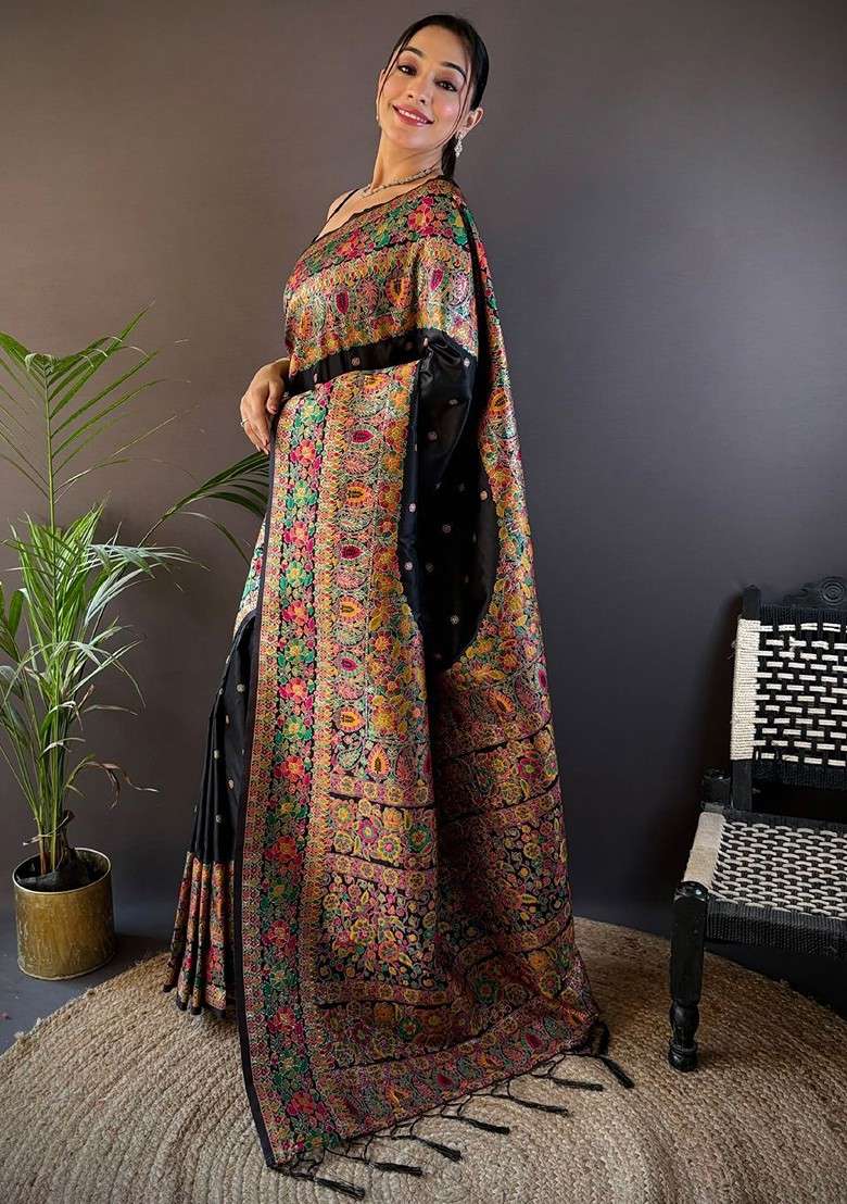 Black Embroidered Blended Saree Set for Diwali and Festive Wear - Indya