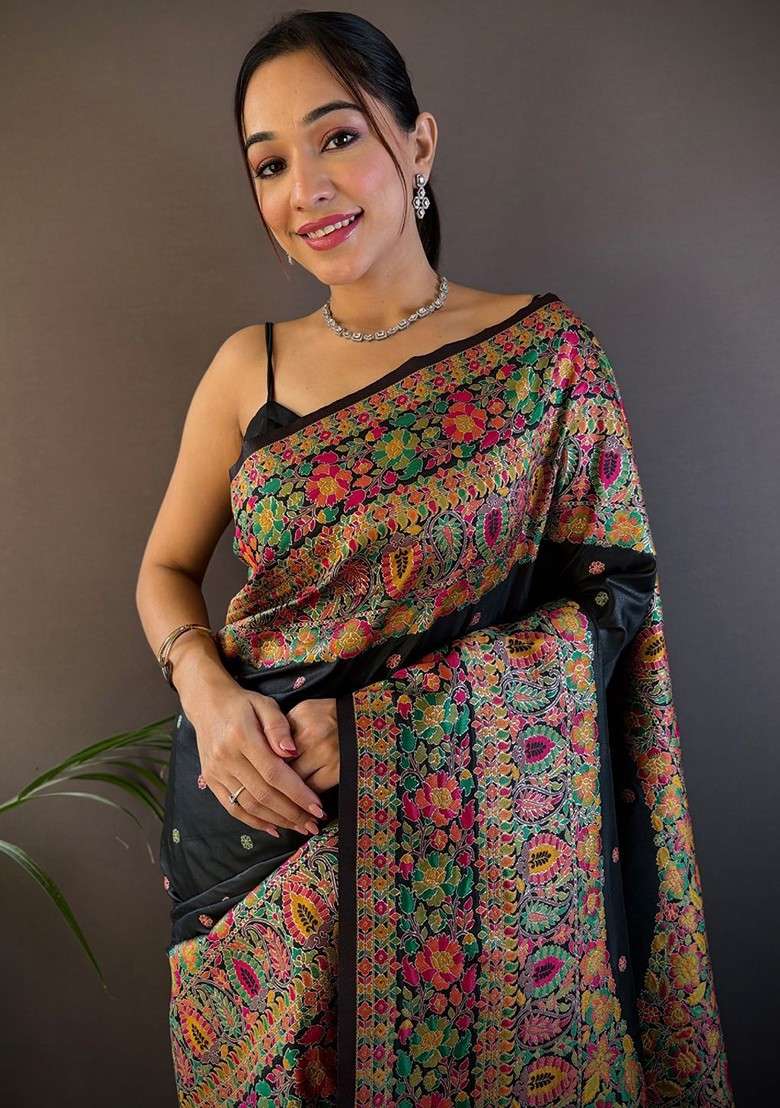 Black Embroidered Blended Saree Set for Diwali and Festive Wear - Indya