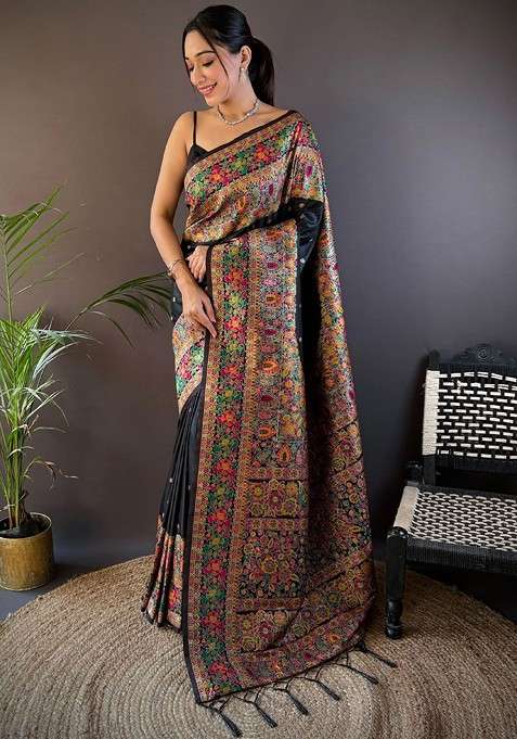 Black Embroidered Blended Saree Set for Diwali and Festive Wear