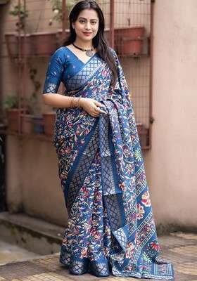 Teal Embroidered Blended Saree Set