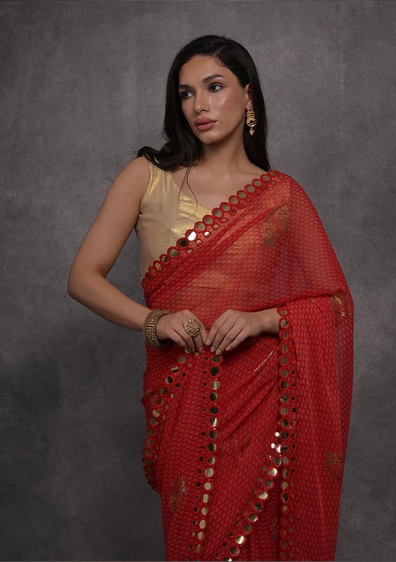 Red Printed Blended Saree Set
