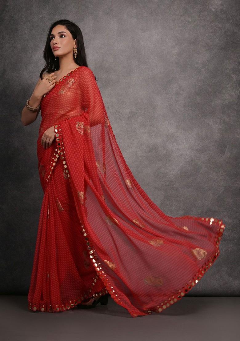 Red Printed Blended Saree Set