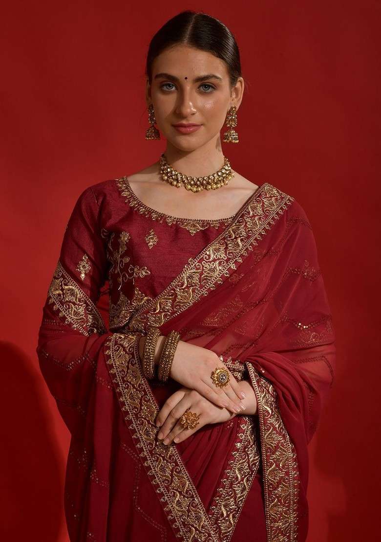 Red Embellished Blended Saree Set with Sequin for Diwali | Wedding & Festive Wear - Indya
