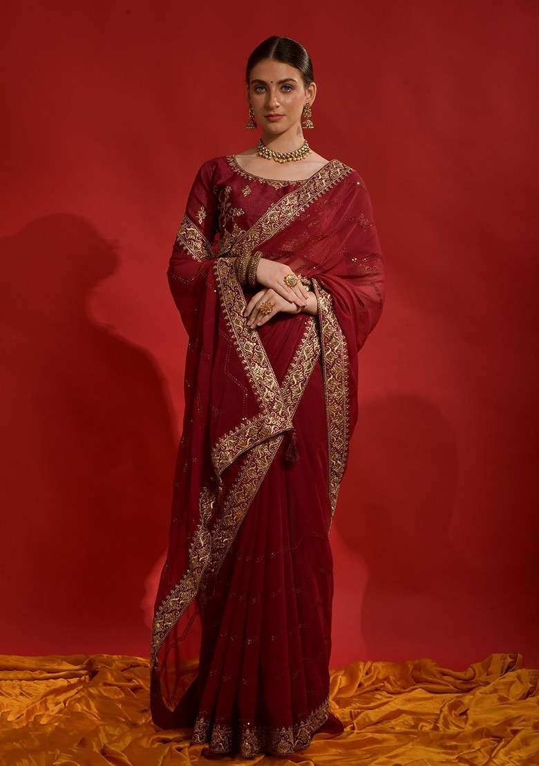 Red Embellished Blended Saree Set with Sequin for Diwali | Wedding & Festive Wear - Indya