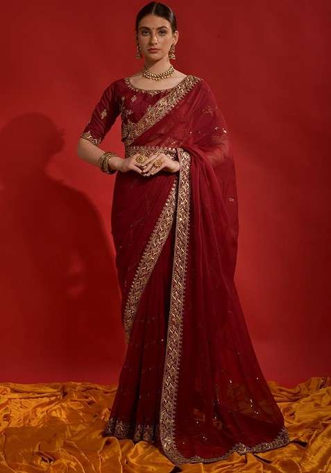 Red Embellished Blended Saree Set with Sequin for Diwali | Wedding & Festive Wear