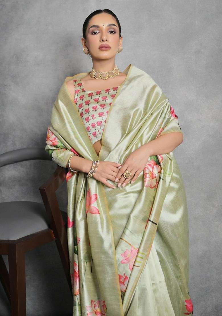 Olive Printed Blended Saree Set for Diwali and Festive Wear - Indya