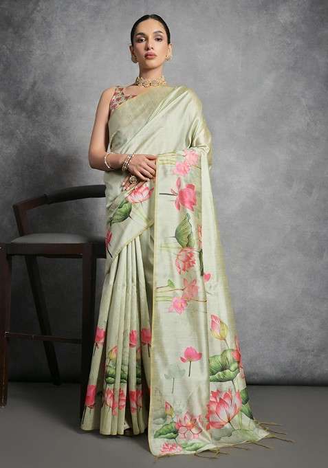 Olive Printed Blended Saree Set for Diwali and Festive Wear