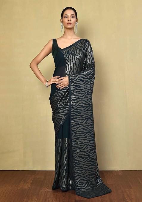 Teal Embellished Blended Saree Set — view on Indya