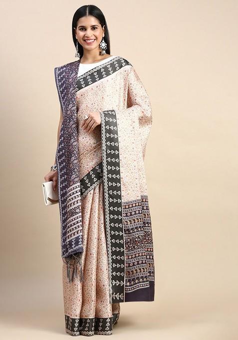 Peach Printed Blended Saree Set — view on Indya