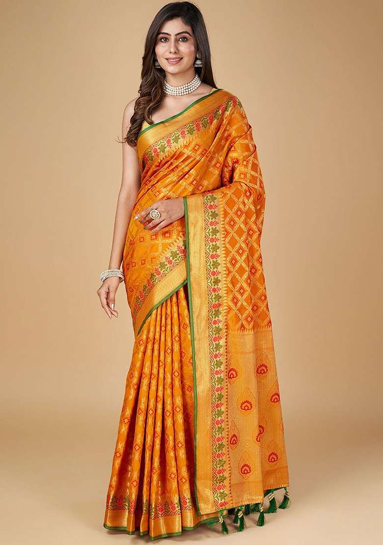 Orange Blended Saree Set with Embroidered for Diwali | Wedding & Festive Wear - Indya