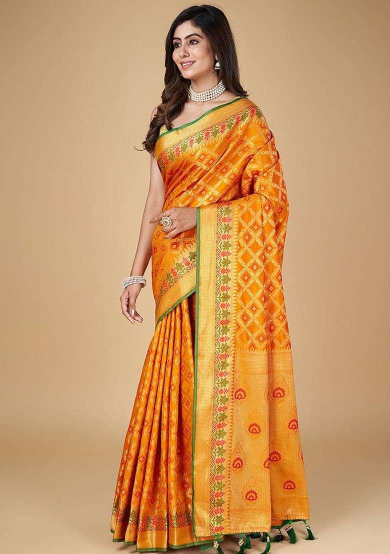 Orange Blended Saree Set with Embroidered for Diwali | Wedding & Festive Wear - Indya